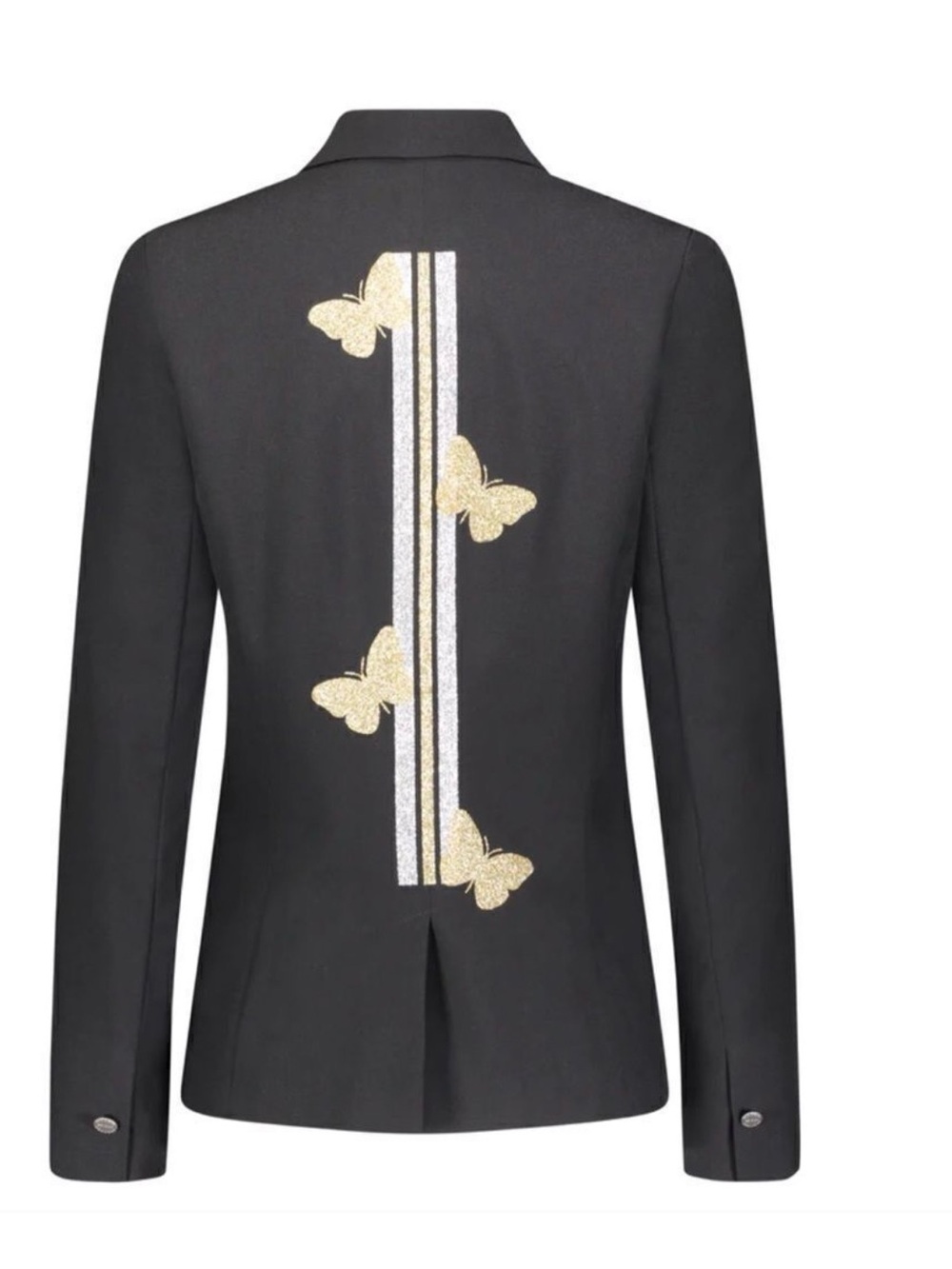 Black Women's Blazer with Gold Butterfly and Metallic Stripe Detail